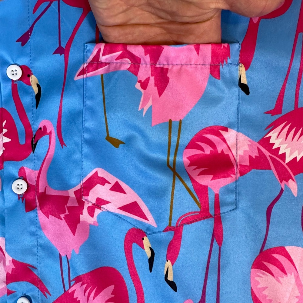 Mens Pink Flamingo Print Short Sleeve Button Up Shirt Blue XXL Tropical Summer - Picture 11 of 13